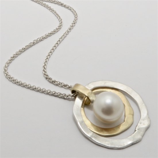 Handmade Sterling Silver, 18ct Yellow Gold and South Sea Pearl PENDANT on Silver Chain.