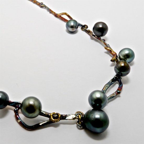 A Handmade Oxidised Sterling Silver and 18ct Yellow Gold NECKLACE with Tahitian Pearls and Briolette Brown Diamond. Gold mass 2.9 gms.