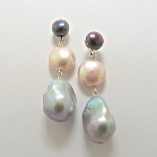 A Pair of Handmade Sterling Silver DROP EARRINGS with Dark, Natural and Grey Freshwater Pearls.