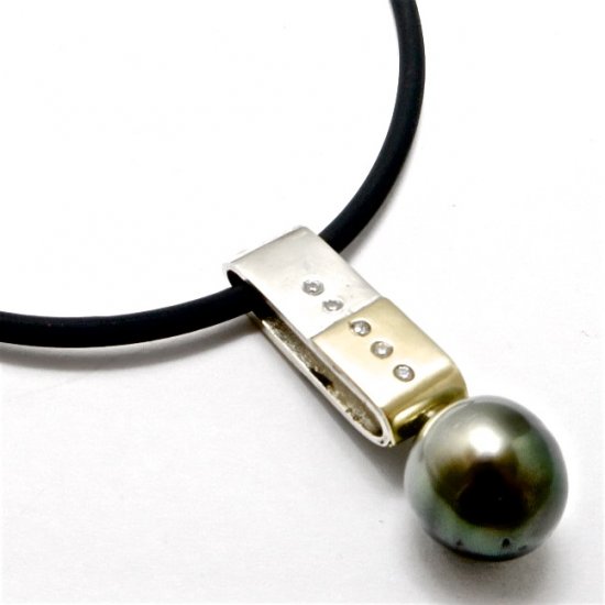 A Handmade Sterling Silver, 18ct Yellow Gold, Diamond (.08ct.) and Tahitian Pearl PENDANT on Rubber Thong.