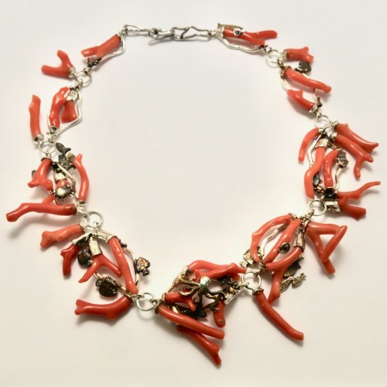 A Handmade Oxidised Sterling Silver and Natural Vintage Coral NECKLACE.