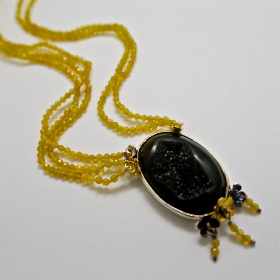  Handmade Sterling Silver, 18ct Yellow Gold and Onyx Drusy Flower PENDANT on Necklace of Yellow Opal.