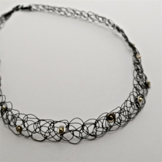 Handmade Rhodium Plated Fine Silver French Knit NECKLACE with Sterling Silver and 18ct Yellow Gold Detail.