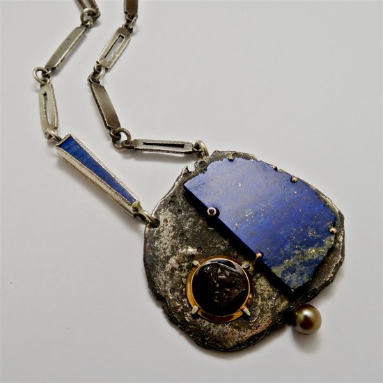 Handmade Sterling Silver, 18ct Yellow Gold, Antique Hardstone Cameo, Lapis Lazuli and Tahitian Pearl NECKLACE/PENDANT