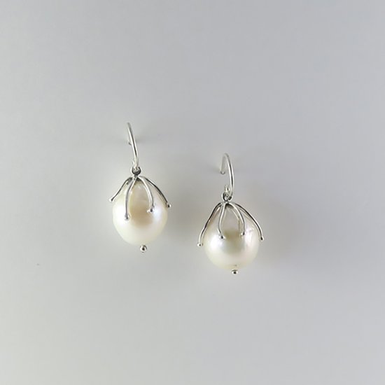 A Pair of Handmade Sterling Silver and Freshwater Pearl "Tendril" DROP EARRINGS.