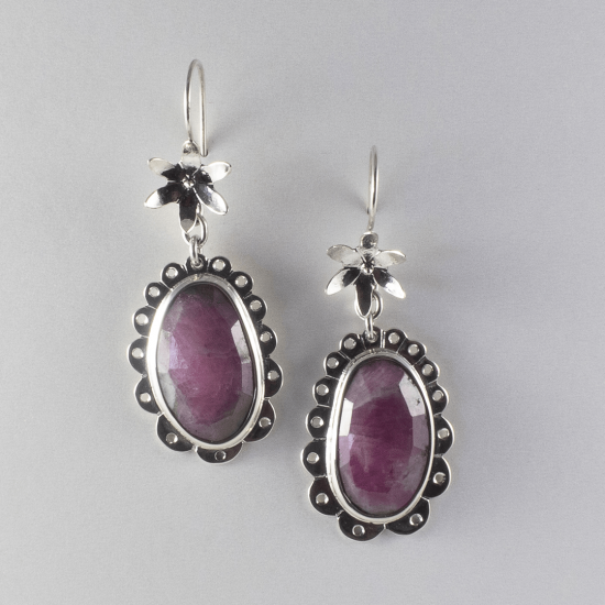 A Pair of Sterling Silver and Talpe-cut Ruby Matrix DROP EARRINGS.