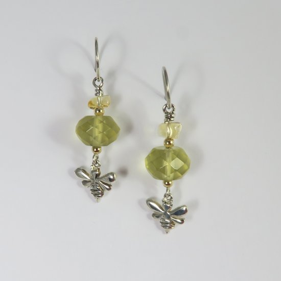 A Pair of Handmade Sterling Silver and 14ct Yellow Gold BEE DROP EARRINGS with Lemon Quartz. 
