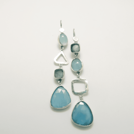 A Pair of Handmade Sterling Silver DROP EARRINGS with Assorted-cut Aquamarines.