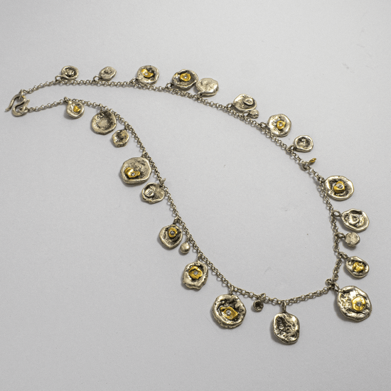 A Handmade Sterling Silver, Fine Gold and Round Brilliant-cut Diamonds NUGGET CHARM NECKLACE. Fine Gold Mass 3.56 gms.   Diamond Weight  0.33 cts.