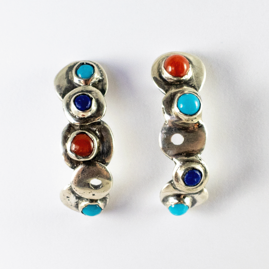 A Pair of Handmade, Sterling Silver HOOP EARRINGS with Coral, Turquoise and Lapis Lazuli.