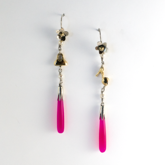 Sterling Silver, 9ct Yellow Gold and Pink Chalcedony "Handbag and Stiletto" DROP EARRINGS. 