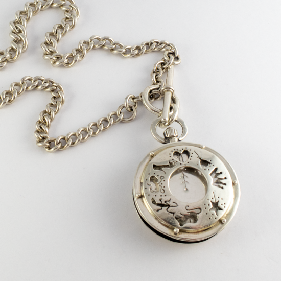 A Handmade Sterling Silver and Rock CrystaL PENDANT on Antique FOB WATCH CHAIN. "When the Clock Strikes Midnight".