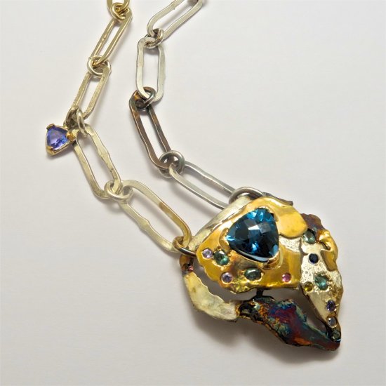 A Handmade Sterling SIlver and 18ct Yellow Gold Multi-Gem PENDANT AND CHAIN.