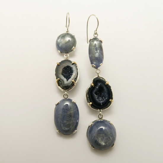 A Pair of Handmade Sterling Silver and 18ct Yellow Gold DROP EARRINGS with Assorted Bio Tanzanite and Natural Agate Half Geodes.