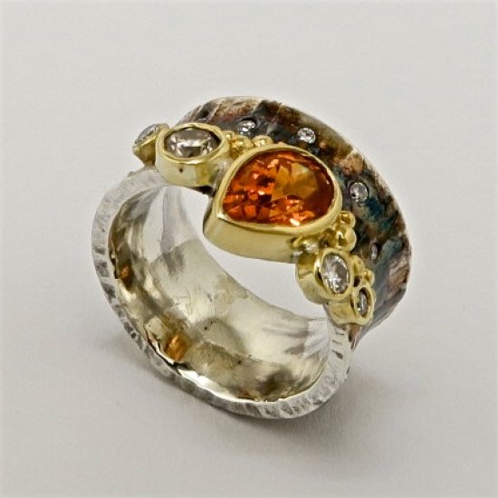 Handmade Sterling Silver and 18ct Yellow Gold RING set with Orange Sapphire and Diamonds