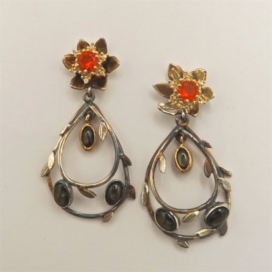Handmade Sterling Silver and 14ct Yellow Gold and Star Sapphire EARRINGS with Orange Sapphire and Diamond Tops.