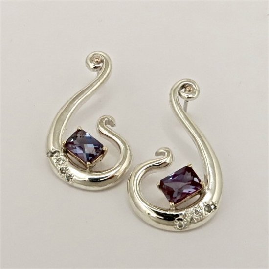 Handmade Sterling Silver and 14ct Yellow Gold EARRINGS with Blue/Purple Stone and Diamonds