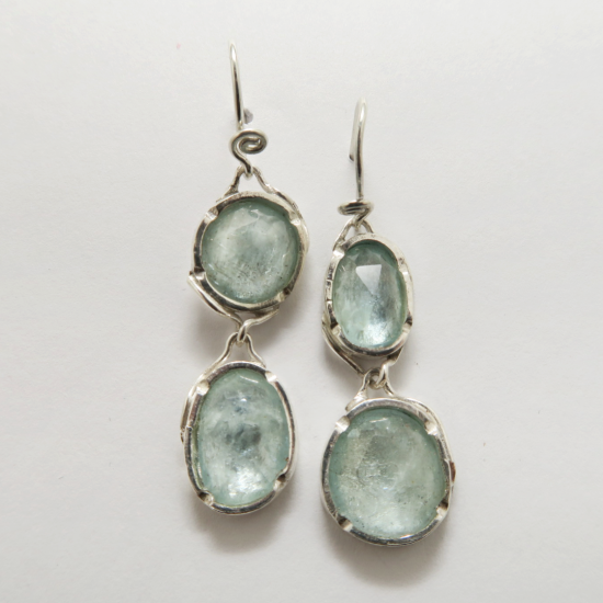 A Pair of Handmade Sterling Silver DROP EARRINGS with Round and Oval Aquamarine.