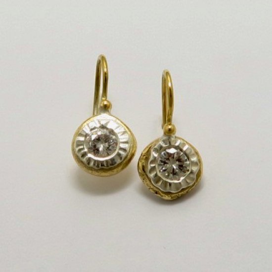 A Pair of Handmade Fine Silver, 18ct Yellow Gold and Round Diamond DROP EARRINGS. Total Diamond weight 0.51cts. Gold mass 2.9 gms.