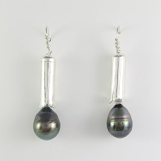 A Pair of Sterling Silver and Tahitian Pearl "FIRECRACKER" DROP EARRINGS.
