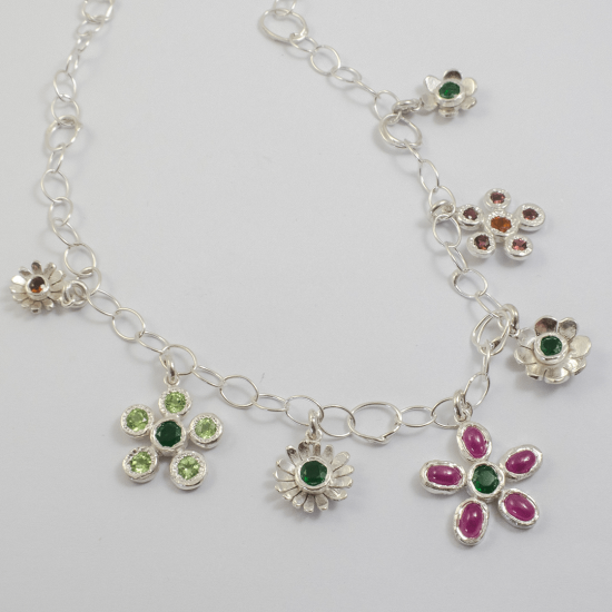 Handmade Sterling SIlver Gemset DAISY NECKLACE,  Set with Ruby, Chrome Diopside, Tourmaline, Peridot and Hessonite