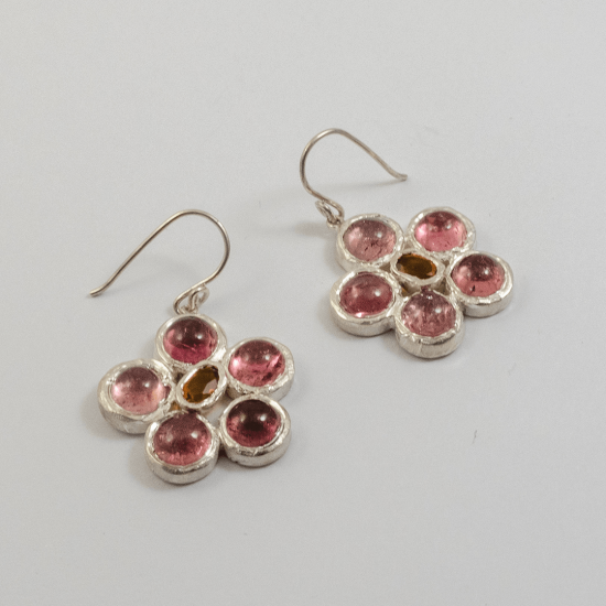 A Pair of Handmade Sterling Silver,Tourmaline and Hessonite DAISY DROP EARRINGS