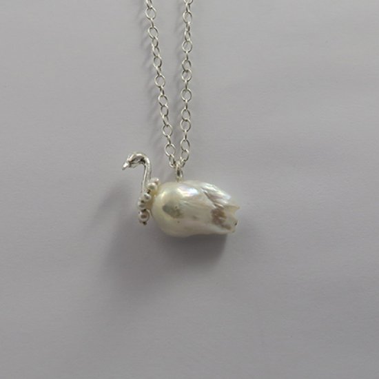 A Handmade Sterling Silver Baroque Pearl SWAN PENDANT on Silver Chain.W