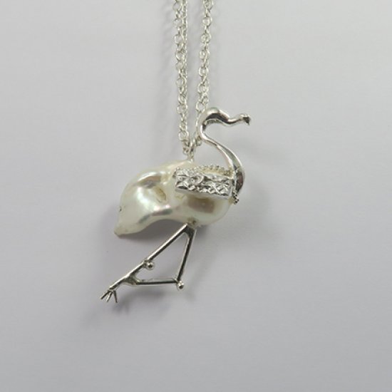 A Handmade Sterling Silver Baroque Freshwater Pearl FLAMINGO PENDANT on Silver Chain.