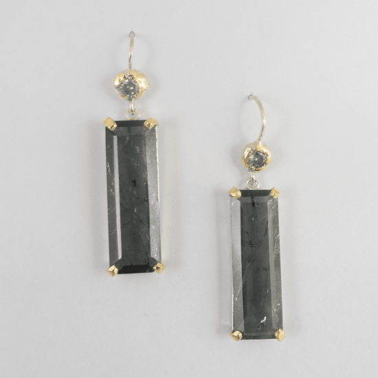 A Pair of Handmade Sterling Silver, 18ct Yellow Gold, Green Tourmaline and Diamond DROP EARRINGS. Diamonds 0.45cts | Gold 1.48 gms.