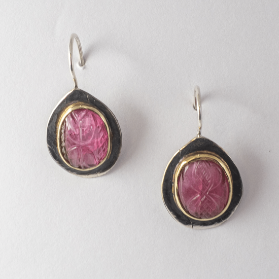 A pair of Handmade Sterling Silver, 18ct Yellow Gold and Carved Pink Tourmaline  DROP EARRINGS