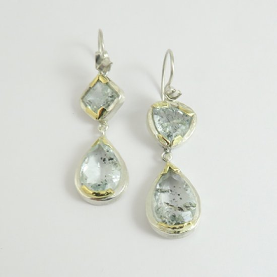 A Pair of Handmade Sterling Silver and 18ct Yellow Gold  DROP EARRINGS with  Moss Aquamarine.  Gold mass 1.04 gms.