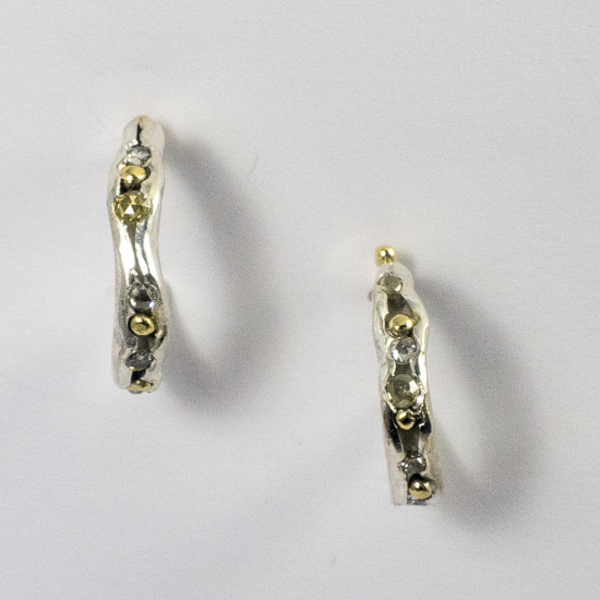 A Pair of Handmade, Sterling Silver, 18ct Yellow Gold and Natural Rose-cut Diamond "PEAPOD" HOOP EARRINGS.