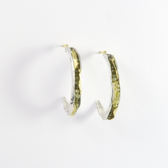 A Pair of Handmade Sterling Silver and 18ct Yellow Gold Yellow Diamond Bead HOOP EARRINGS. 