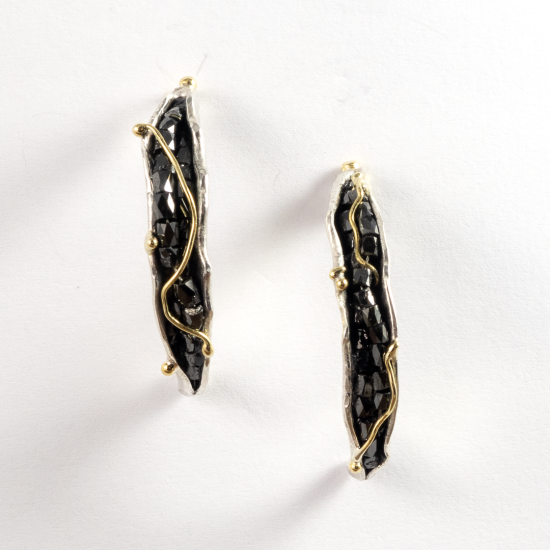 A Pair of Handmade Sterling Silver, 18ct Yellow Gold and Black Diamond Cube HOOP EARRINGS. Diamonds 7.2 cts; Gold 1.1gms.