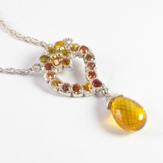 A Handmade Sterling Silver Yellow and Orange Sapphire WITCH'S HEART PENDANT.  Silver Chain. 