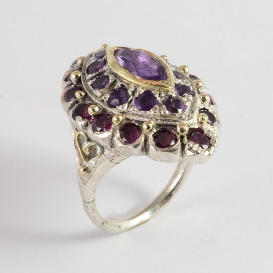 A Handmade Sterling Silver and 18ct Yellow Gold Navette RING set with Amethyst and Rhodalite Garnet.