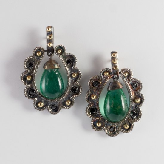 A Pair of Handmade Sterling Silver, 18ct Yellow Gold, Emerald and Black Diamond EARRINGS.
