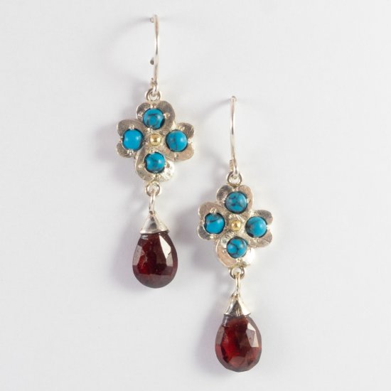 A Pair of Handmade Sterling Silver, 18ct Yellow Gold, Garnet and Turquoise DROP EARRINGS.