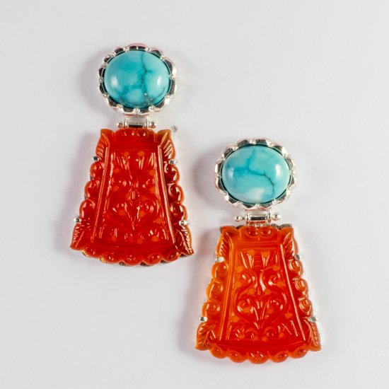 A Pair of Handmade Sterling Silver, Turquoise and Carved Red Agate EARRINGS.
