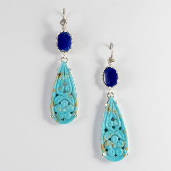 A Pair of Handmade Sterling Silver, Carved Turquoise and Lapis Lazuli DROP EARRINGS.