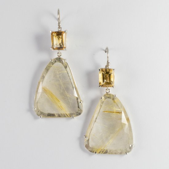 A Pair of Handmade Sterling Silver Citrine and Golden Rutilated Quartz DROP EARRINGS.