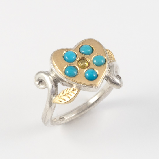 A Handmade SterlIng Silver and 18ct Yellow Gold "FORGET-ME-NOT" RING. Turquoise and Rose-cut Yellow Diamond.
