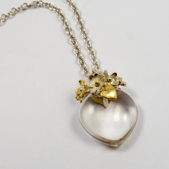 A Handmade Sterling Silver, 18ct Yellow Gold and Rock Crystal CROWNED HEART PENDANT on Chain.