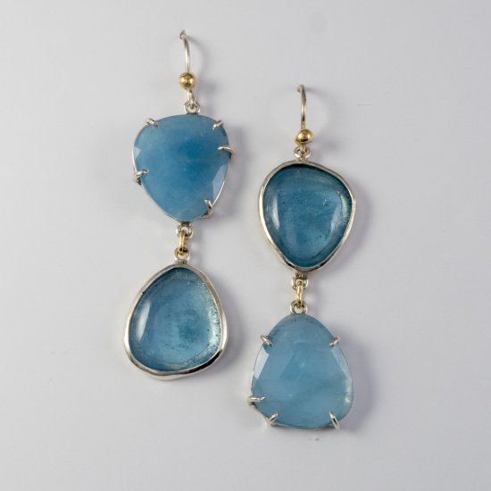 A Pair of Handmade Sterling SIlver and 18ct Yellow Gold Aquamarine Drop Earrings. Gold Mass 0.8 gms