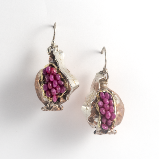 A Pair of Handmade Sterling Silver, Copper, 18ct Yellow Gold and Ruby POMAGRANATE DROP EARRINGS. 