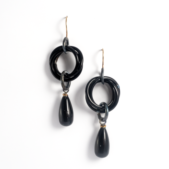 A Pair of Handmade Oxidised Sterling Silver, 9ct Yellow Gold and Onyx LOVER'S KNOT DROP EARRINGS.