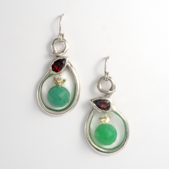 A Pair of Handmade Sterling Silver, 18ct Yellow `Gold, Garnet and Chrysoprase   SERPENT DROP EARRINGS.