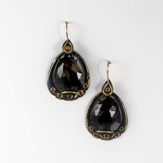 A Pair of Handmade Oxidised Sterling Silver,  9ct Yellow Gold and Montana Agate.PIQUE INSPIRED DROP EARRINGS.