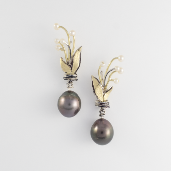A Pair of Handmade Sterling Silver, 18ct Yellow Gold, Tahitian Pearl and Seedpearl LILY OF THE VALLEY DROP EARRINGS.  