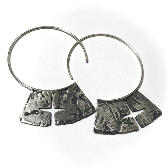 A Pair of Handmade, Oxidised Sterling Silver HOOP EARRINGS with Textured Cross Pendant.